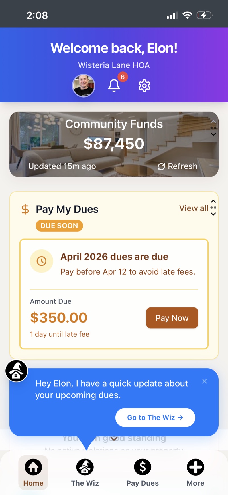 Resident home dashboard with bank balance and dues